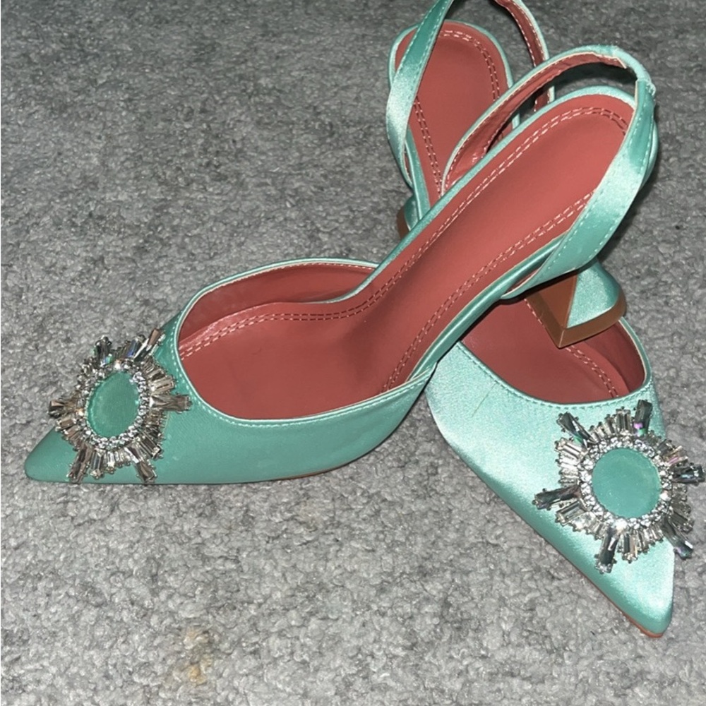 Green Satin Slingback Heels with Crystal Embellishments